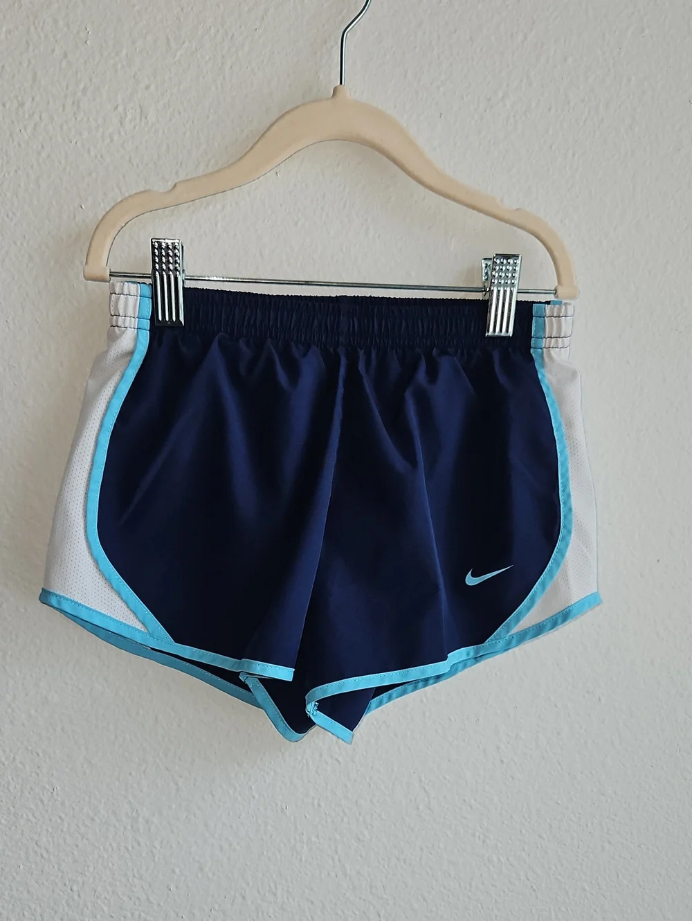 Nike Girls Dri-fit Tempo Running Shorts Navy Blue w/ Light Blue Trim Small